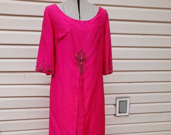 Vintage 60s Dress Beaded Maxi Party Hostess Gown Fuchsia Pink 38" Bust