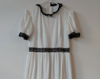 Vintage White Dress with Black Lace Trim Handmade 35B 28W