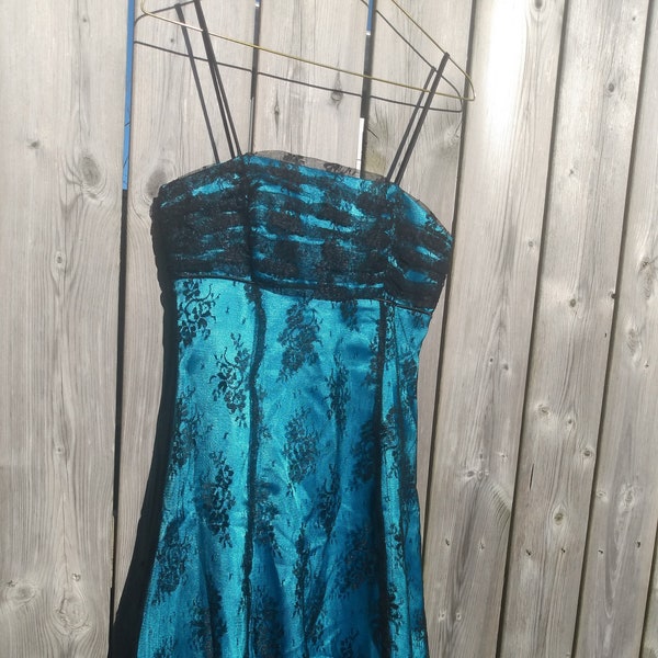 Vtg Black Lace Dress Lined w Blue Satin Size Small Formal Eveningwear Prom Vintage 90s Y2K 00s
