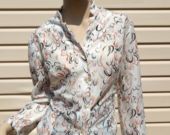 Vintage 70s Blouse White Orange Brown XL 45" Bust Long Sleeves Pockets