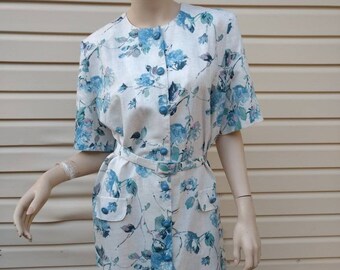Linen Dress Blue Floral Shift with Belt Women's Size Large XL