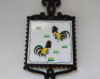 Kitchen Rooster Trivet Retro Vintage Chicken Made in Japan Hand Painted Ceramic Tile Cast Iron