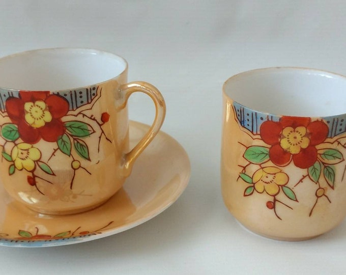 Two Lusterware Mini Tea Cups and One Saucer Japanese Retro Vintage Teacup Floral Delicate Ceramic
