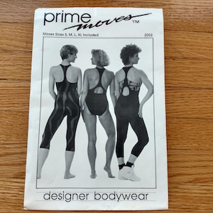 May include: A vintage sewing pattern for designer bodywear. The cover features three women in athletic wear, showcasing different styles of leotards and leggings. The pattern includes sizes S, M, L, and XL.