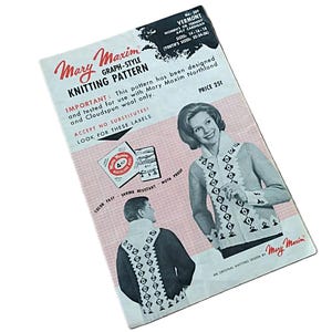 May include: A vintage Mary Maxim graph-style knitting pattern booklet for a Vermont cardigan. The cover features red and black text on a light background, with illustrations of a person wearing a light-colored cardigan with a dark geometric pattern.