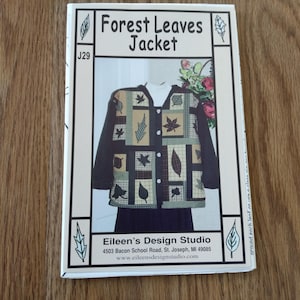 May include: A pattern cover titled "Forest Leaves Jacket" featuring a jacket design with leaf-themed patches in various colors. The cover includes the text "Eileen's Design Studio" and website address.