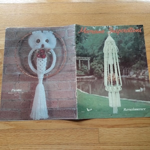 May include: Vintage macrame inspiration book open to two pages. One page features a white owl design with a tassel, the other a hanging macrame piece. The book is titled "Macrame Inspirations" and "Fiesta".