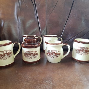 Vintage Transferware Set of Mugs Creamer Sugar Ceramic Boho Farmhouse  Japanese Cottagecore
