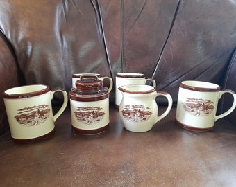 Vintage Japanese Coffee or Tea Set of 4 Mugs 1 Creamer 1 Sugar Bowl - Made in Japan - Rustic Farmhouse
