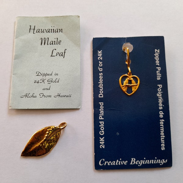 24K Gold Dipped Maile Leaf Pendant and Tropical Bird Zipper Pull Vintage Tiki Party Jewelry