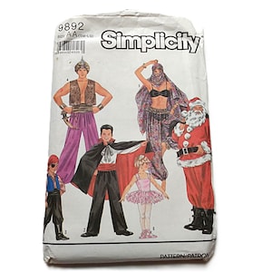 May include: Simplicity pattern packet featuring illustrations of various costumes, including a pirate, vampire, belly dancer, Santa Claus, and a ballerina. The packet is labeled with the number 9892 and the Simplicity logo.