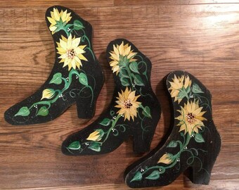 Wooden Tole Painted Handmade Sunflower Boots - Set of 3 - Vintage Handmade Decor for Garden Farmhouse Country Cottage