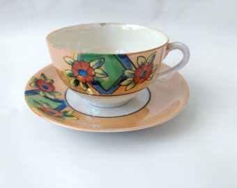 Vintage Art Deco Tea Cup and Saucer Set Peach Lusterware Floral