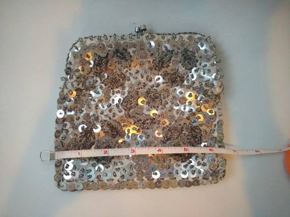 Vintage Purse Silver Sequin Beaded Kiss Lock Even… - image 7