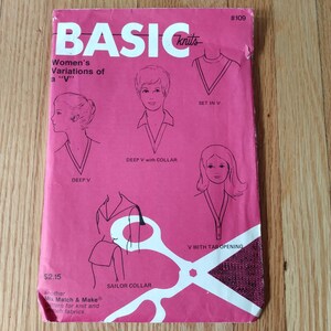 Vintage 70s Shirt Neckline Sewing Pattern Deep V-Neck Tab Sailor Basic Knits 109