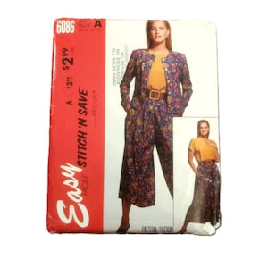 May include: A vintage McCall's sewing pattern for a floral print pantsuit and top. The pattern includes the text "Easy Stitch 'N Save" and the size range 8-10-12-14. The cover is red and white.