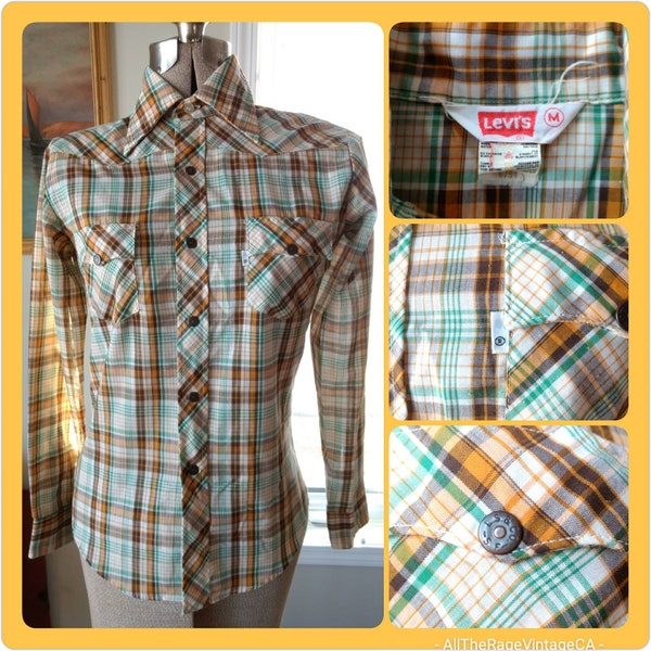 Vintage Levi's Western Snap Shirt 70s 80s Plaid Retro Farm Ranch Workwear 34" Chest