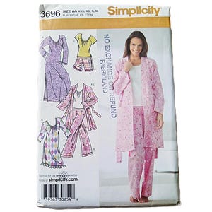 May include: Simplicity sewing pattern 3696 featuring various sleepwear designs. The pattern includes a long floral robe, pajama sets, and a short-sleeved top with shorts. The cover displays a woman wearing a pink floral pajama set.