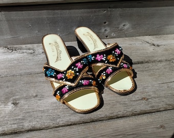 Vintage Beaded Shoes Sequin Slippers Size 6 Black Velvet Gold Retro