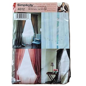 May include: A Simplicity 4612 sewing pattern envelope featuring four distinct window curtain designs. The packaging displays various drapery styles, including floor-length panels in brown, white, and red tones, along with a barcode and text.
