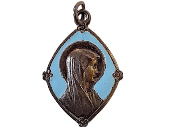 Vintage Virgin Mary Charm Blue Enamel Pendant Silver Tone Christian Lourdes