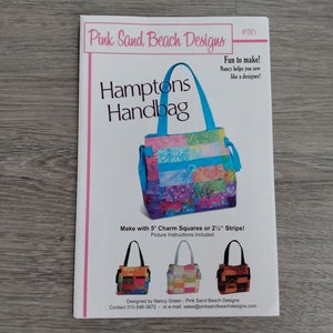 May include: A pattern for a patchwork Hamptons Handbag by Pink Sand Beach Designs. The cover features a colorful handbag with blue handles and accents. The text reads "Fun to make! Nancy helps you sew like a designer!"