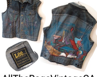 Vintage Jean Jacket Vest Hand Painted Denim XL 46" Chest "Lee Riders" Union Label
