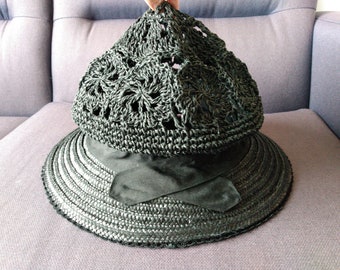 Vintage Black Straw Hat by April Cornell LARGE Crochet Openwork