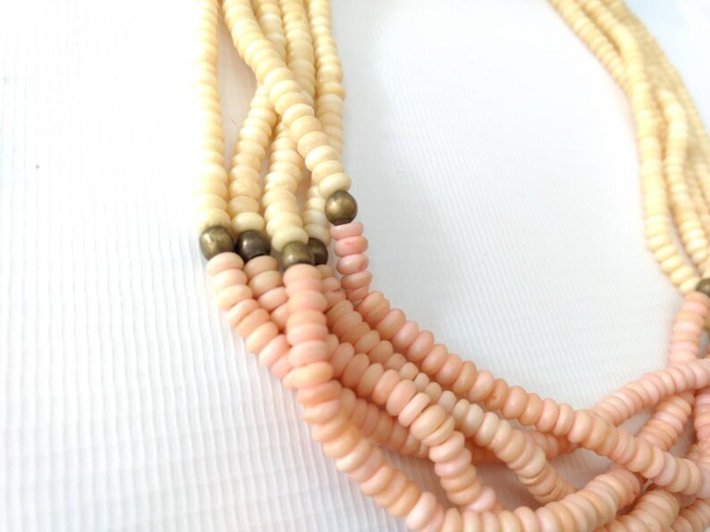 Vintage Bone Bead Necklace Peach Pink Creamy Off White Multi Strand Retro Boho Tropical Pastel