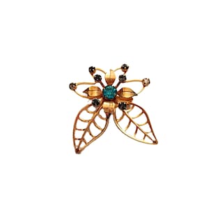 Vintage Brooch Blue Rhinestone Flower and Leaves Gold Tone Retro Mid Century Pin Pendant