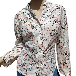 Vintage 70s Blouse White Orange Brown XL 45" Bust Long Sleeves Autumn