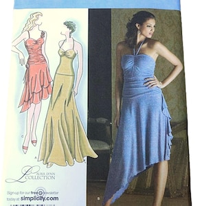 May include: Simplicity pattern 3825 featuring a blue dress with an asymmetrical hem and a halter neckline. The pattern includes illustrations of two other dress designs. The text "Aura Lynn Collection" is visible.