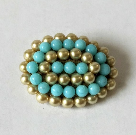 Vintage Brooch Faux Pearl Turquoise Bead C Clasp … - image 1