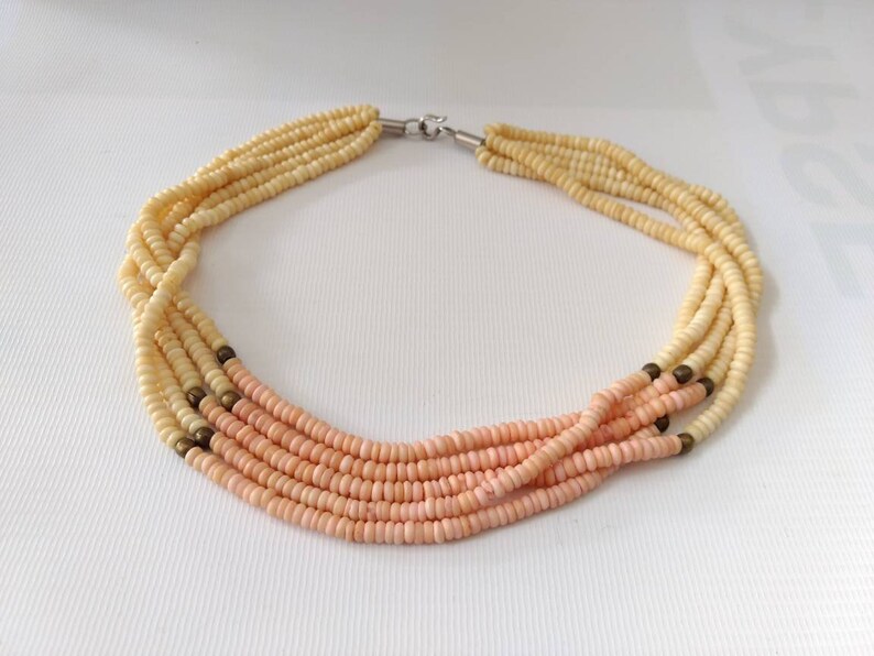 Vintage Bone Bead Necklace Peach Pink Creamy Off White Multi Strand Retro Boho Tropical Pastel