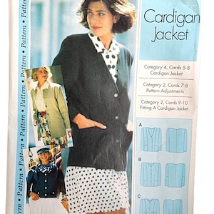 May include: A sewing pattern envelope for a Cardigan Jacket featuring three variations labelled A, B, and C. The cover displays photographs of the finished garments, including a black cardigan, a light green jacket, and a navy blue jacket with a white skirt.