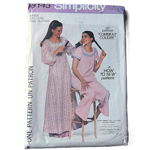 May include: Simplicity pattern 8143, size 15/16, for young junior/teen. The pattern is for a nightgown and pajama set. The cover shows two women wearing the garments. Text includes "How to Sew" and "Comment Coudre".