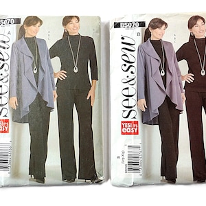 May include: Two sewing pattern packets, labeled B5070, feature women's fashion designs. The packets display a woman modeling a black turtleneck and pants, with a draped jacket in either blue or purple. The "see & sew" logo and "YES! It's easy" text are visible.