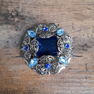 Vintage Blue Rhinestone Filigree Brooch, Square Shape