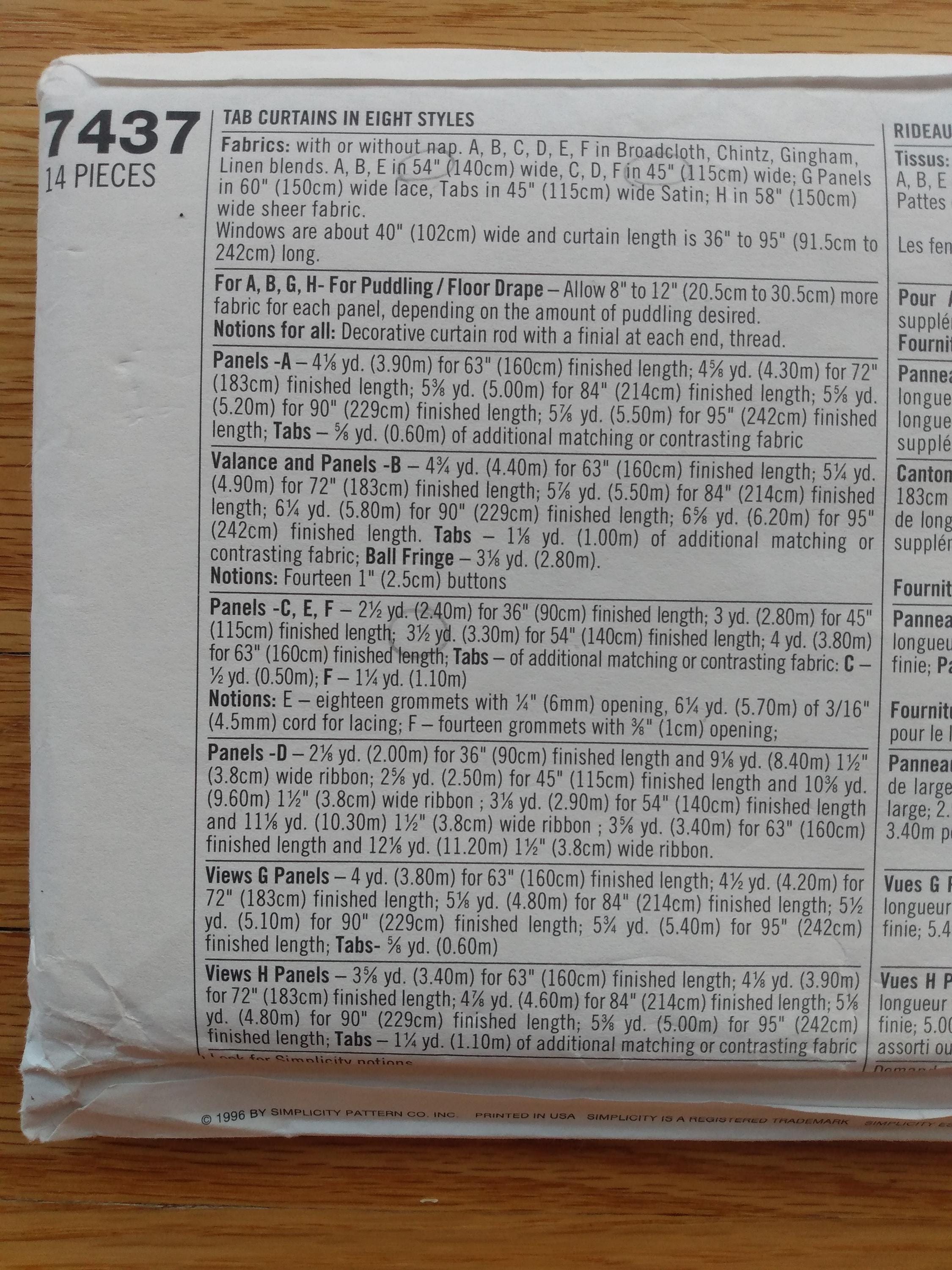 Tab Top Curtains Sewing Pattern Easy to Sew Drapes Simplicity 7437 ...