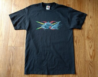 90s 2K Vintage T-Shirt Dolphins Cosmic Graphic Tee Size Medium Black