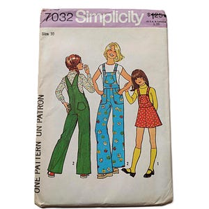 May include: Vintage Simplicity sewing pattern 7032, featuring illustrations of three figures in 1970s outfits: green overalls, blue patterned overalls, and a red polka-dot dress. The pattern cover has the text "Simplicity" and "Size 10".