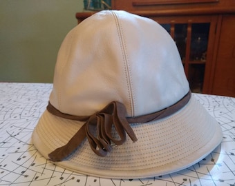 Vintage Hat Womens Leather Beige Brown Retro Ladies