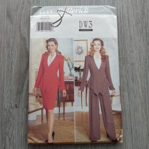 May include: Butterick sewing pattern 4143 for DW3, showing two women in suit designs. One suit is red with a skirt, the other is brown with trousers. The pattern includes sizes 18-20-22.