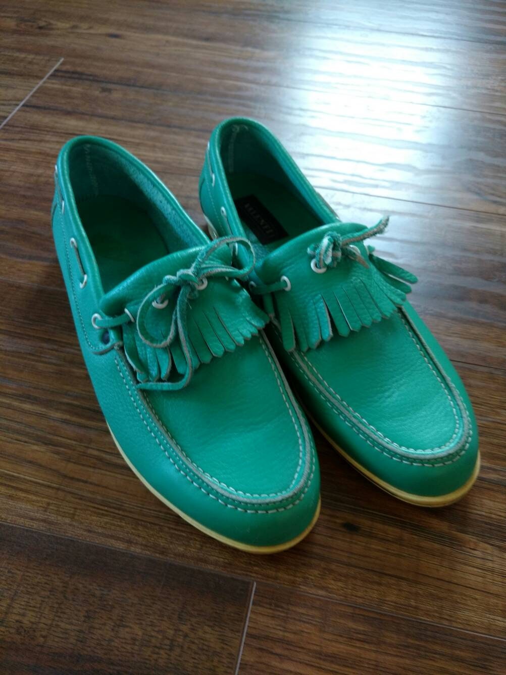 Vintage Mens Fringe Deck Boat Shoes Size 9 1/2 D Preppy Green 80s Loafers Valenti 1980s 1990s Retro Yachting Footwear