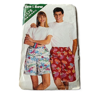Vintage 80s Shorts Sewing Pattern Unisex Elastic Waist Pockets XS-L See & Sew 5578 UNCUT