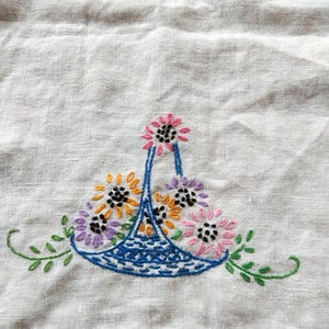 Peut inclure: Un tissu en lin beige clair orné d'une broderie à la main représentant un panier bleu rempli de fleurs colorées. Le panier présente un motif en croisillons et les fleurs sont brodées dans des tons de rose, d'orange et de violet.