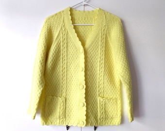Vintage Hand Knit Yellow Cardigan Cableknit with Pockets