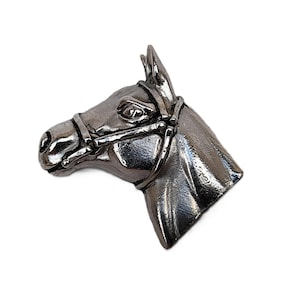 Vintage Horse Head Brooch 3D Silver Tone Equestrian Pin Bridle Chunky