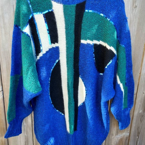 Vintage Oversized Sweater 1980s Retro 80s Blue Geometric Abstract Dolman Sleeve Size shops Medium Sequin Angora Made in Hong Kong
