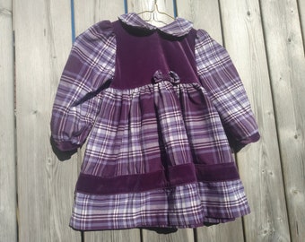 Vintage Girls Dress Purple Plaid Velour Prairie Pioneer